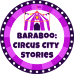 purple and white badge with a circus tent that says "baraboo: circus city stories"